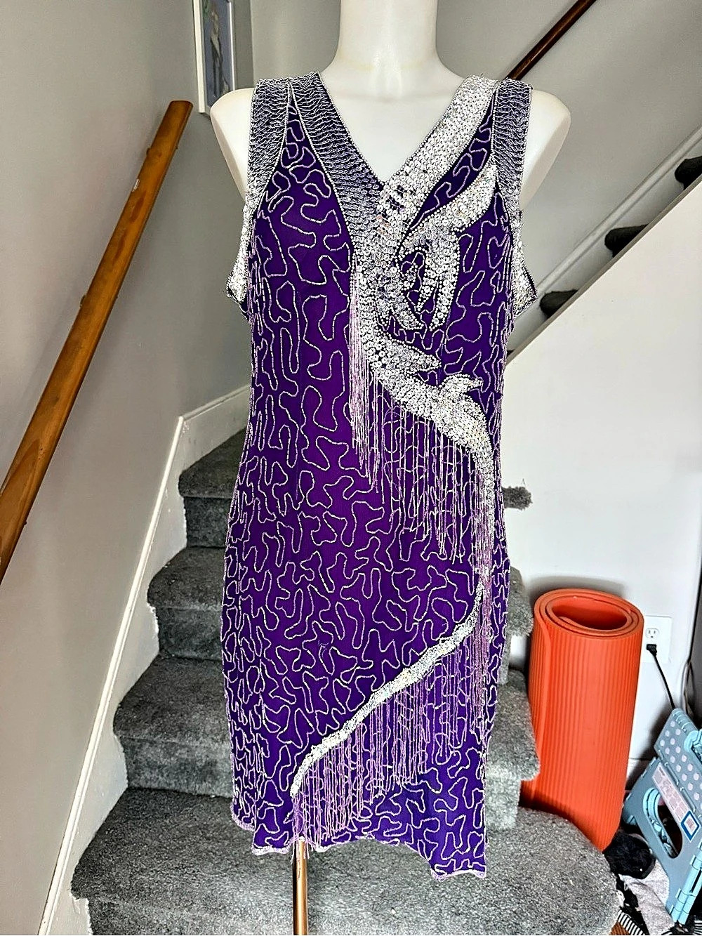 Vintage 1980s Silk Milano Beaded Abstract Midi Dress in Purple & Silver